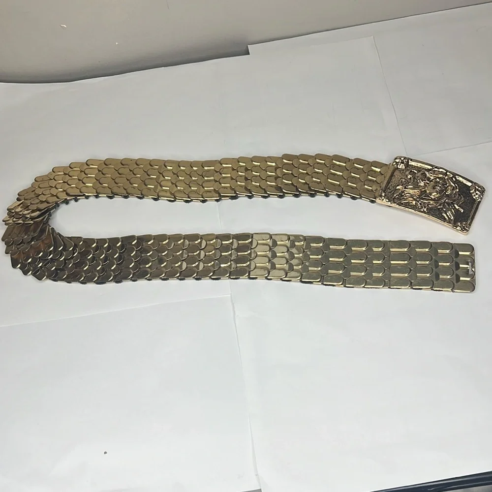 Vintage XL 36-44” Elastic Goldtone Metal Front Clasp Art Buckle Belt